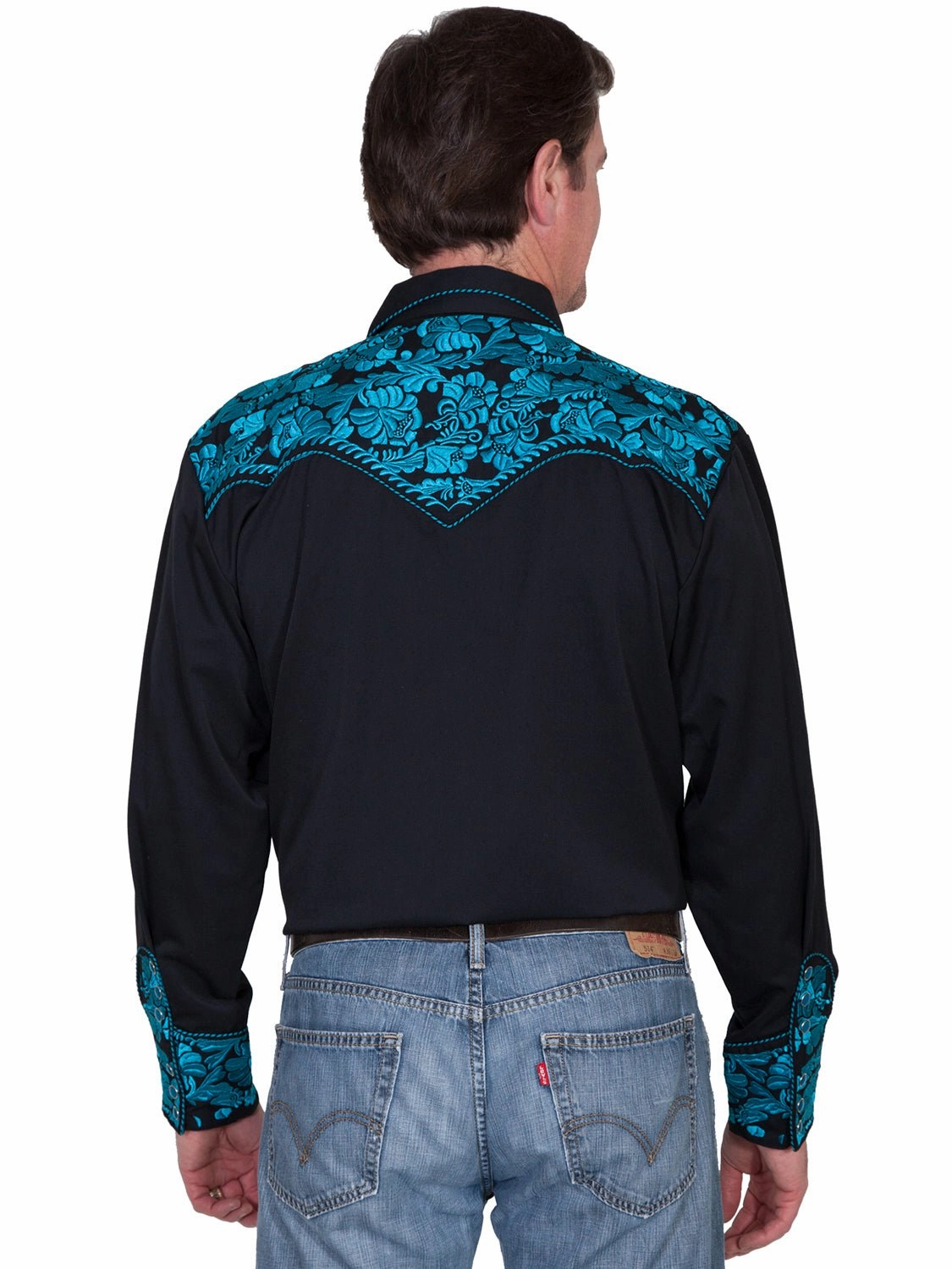 Subtle pattern Scully Mens Turquoise Poly/Rayon Tooled Floral L/S Shirt