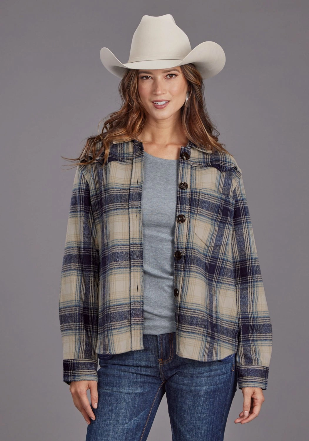 Snag Resistant Fabric Stetson Womens Plaid Jacket Blue/Tan Poly/Wool L/S Shirt