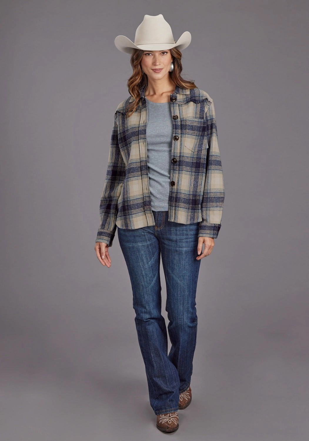 Stetson Womens Plaid Jacket Blue/Tan Poly/Wool L/S Shirt Smooth Seam Finish Polished Style