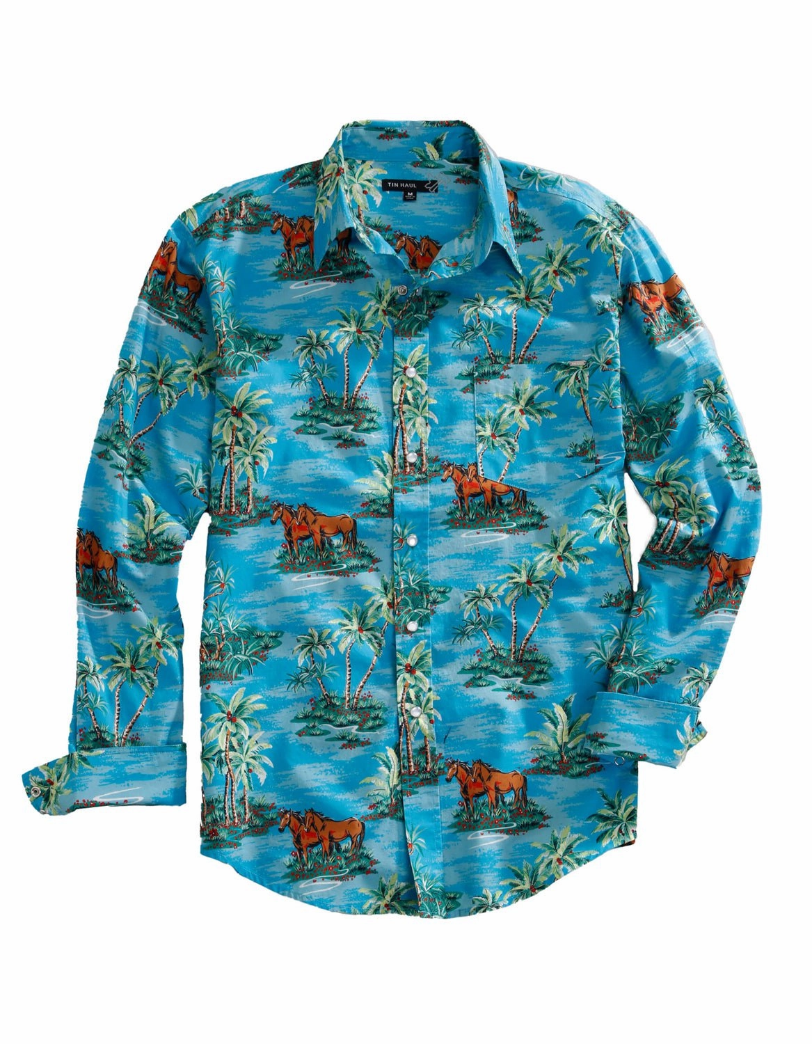 Breathable Material Tin Haul Mens Vintage Hawaiian Blue 100% Cotton L/S Shirt