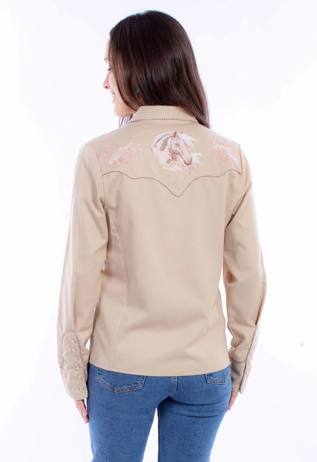 Business casual Scully Womens Horse and Rose Tan Poly/Rayon L/S Shirt