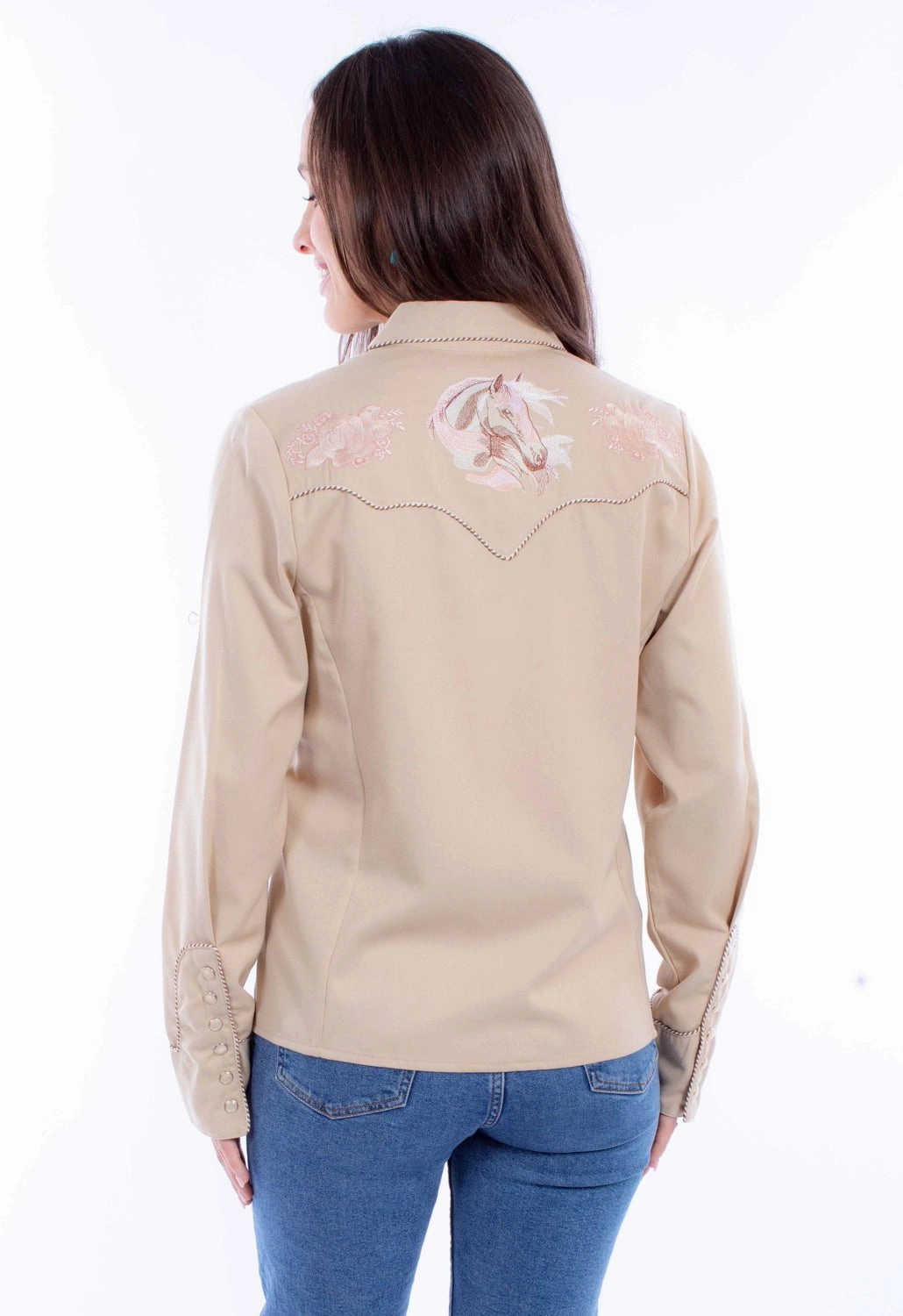 Scully Womens Horse and Rose Tan Poly/Rayon L/S Shirt Gym Appropriate bohemian flair